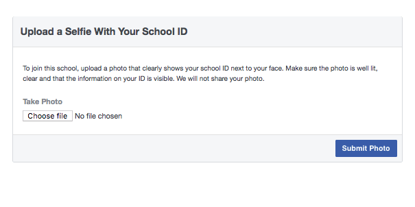 Facebook upload selfie and school ID screenshot