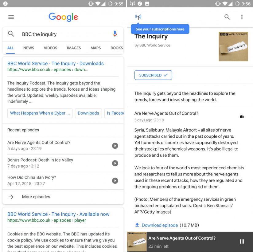 Search for any podcast and Google will surface info and playable episodes right on the results page