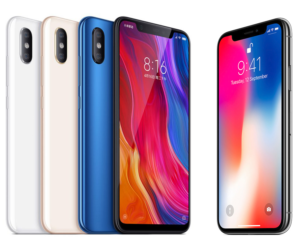 Xiaomi's Mi 8 is on the left, Apple's iPhone X is on the right