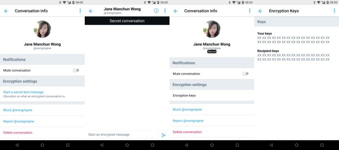 Screenshots from Twitter's Android app showing the 'Secret conversation' feature along with encryption keys; discovered by Jane Manchun Wong