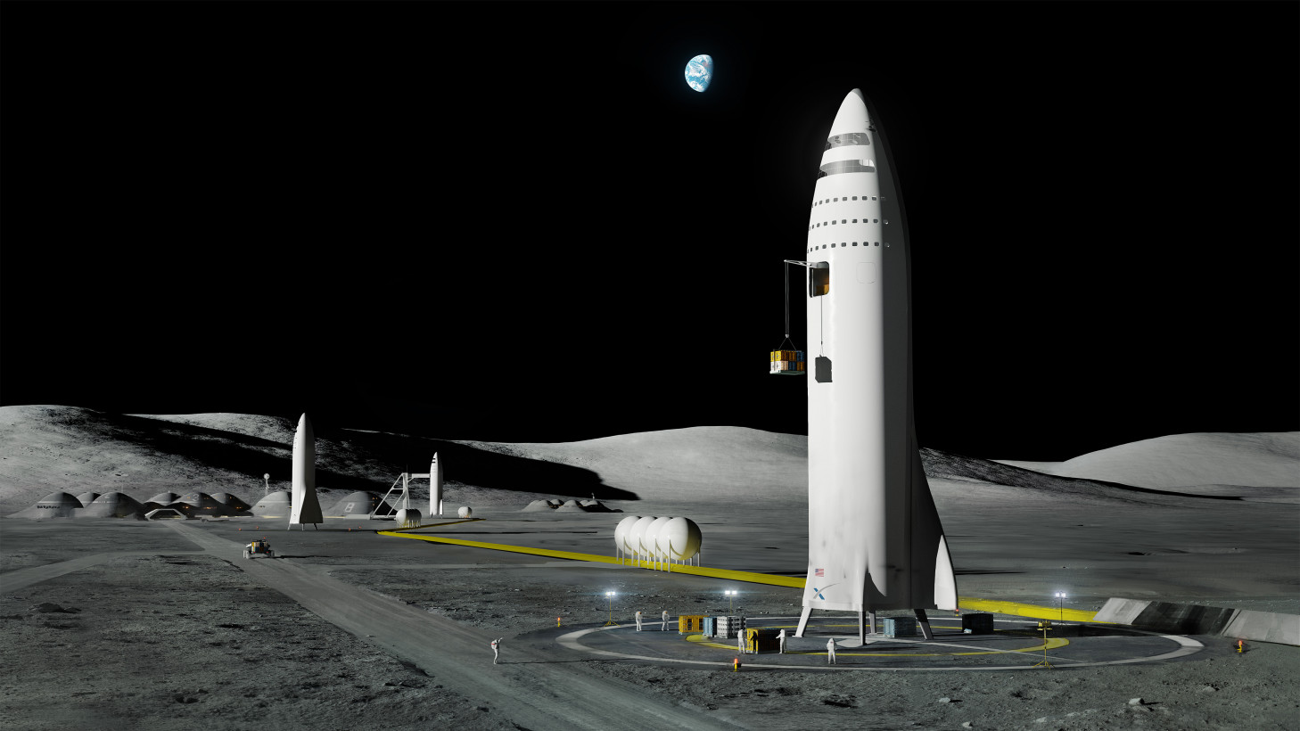 An artist's impression of SpaceX's BFR rocket on the moon