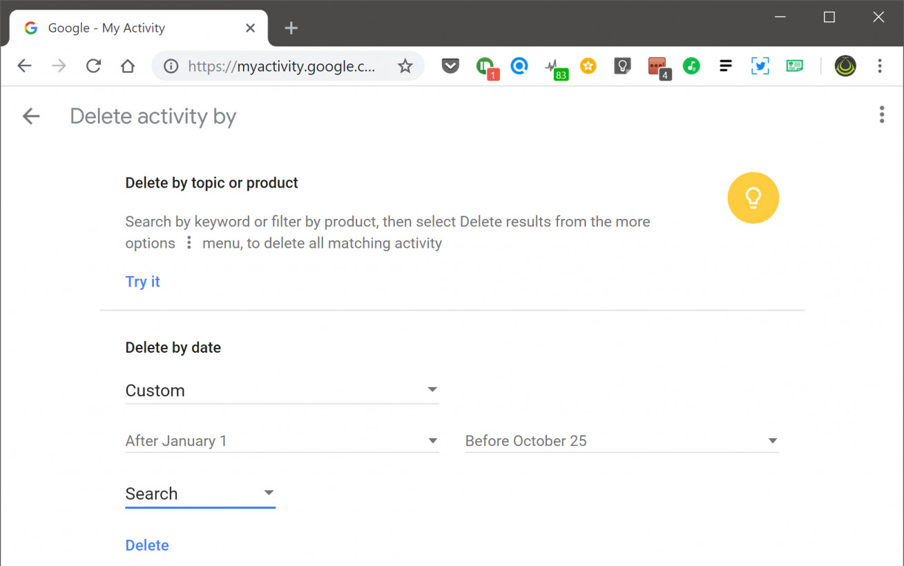 You can set a date range for deleting your search history in Google's My Activity
