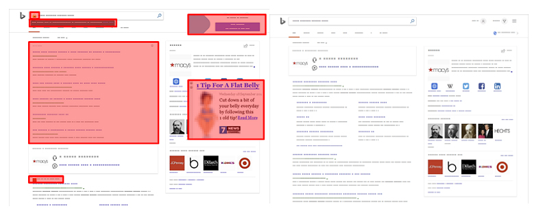 The page on the left shows a Bing search results page with malware (highlighted in red) - the normal page is on the right