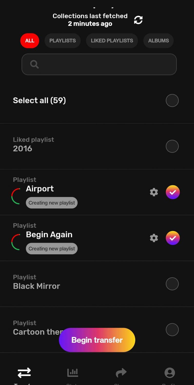 Transferring music between different services on Free My Music