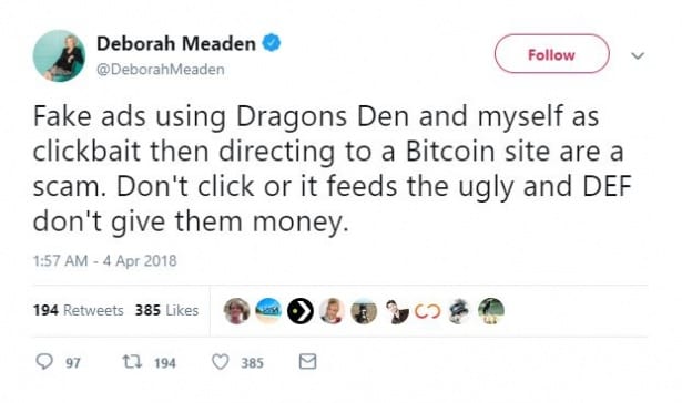 Deborah meaden, scam, twitter, denial, bitcoin