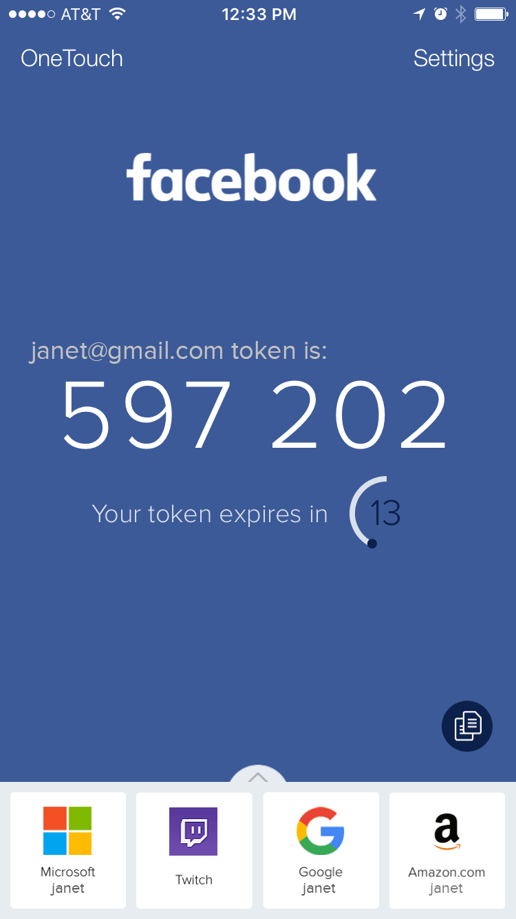 Here's Authy in action, displaying a 2FA code for logging into Facebook