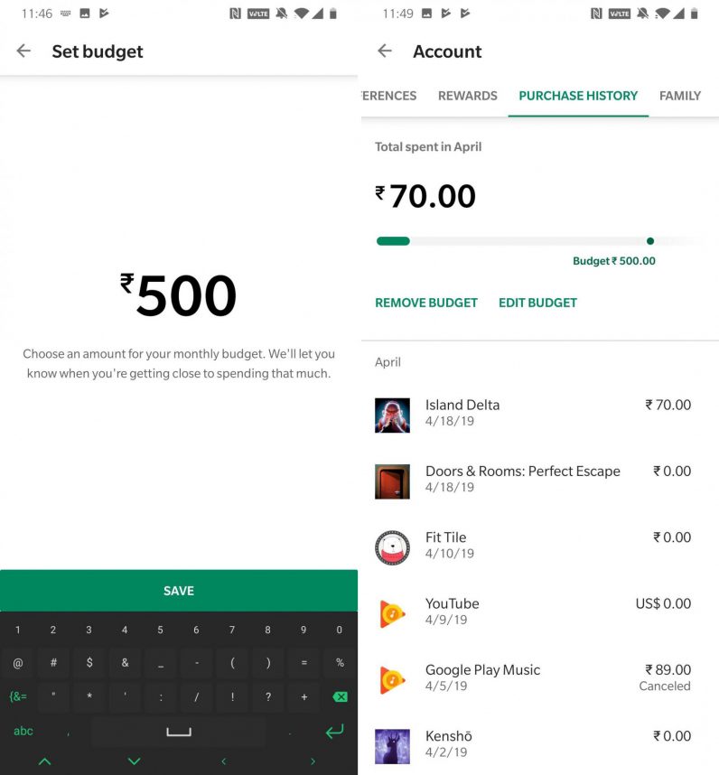 Set a budget (left), and Google will track your purchases against it (right)