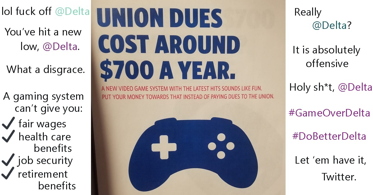 Twitter tears into Delta for its tone-deaf anti-union, pro-video game poster