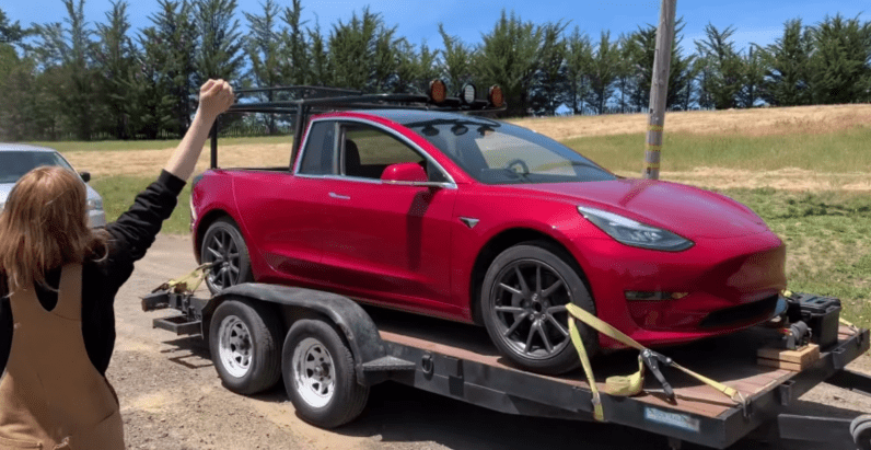 Genius inventor turns her Tesla Model 3 into a pickup truck