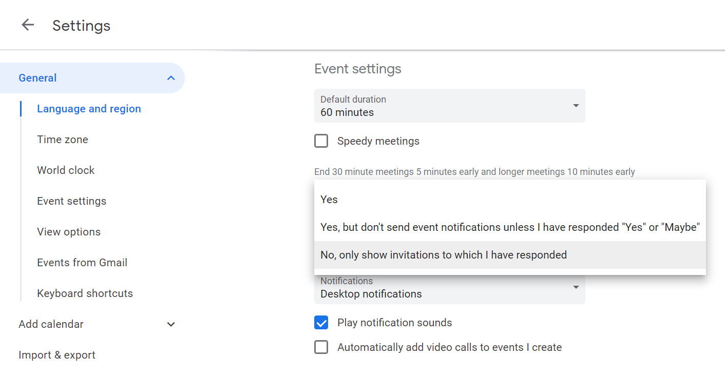 Change your event settings in Google Calendar to avoid receiving spam