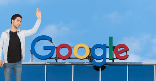 man waving goodbye to a google logo