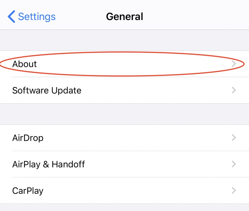 iphone settings general, select about