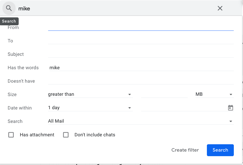 Gmail search interface