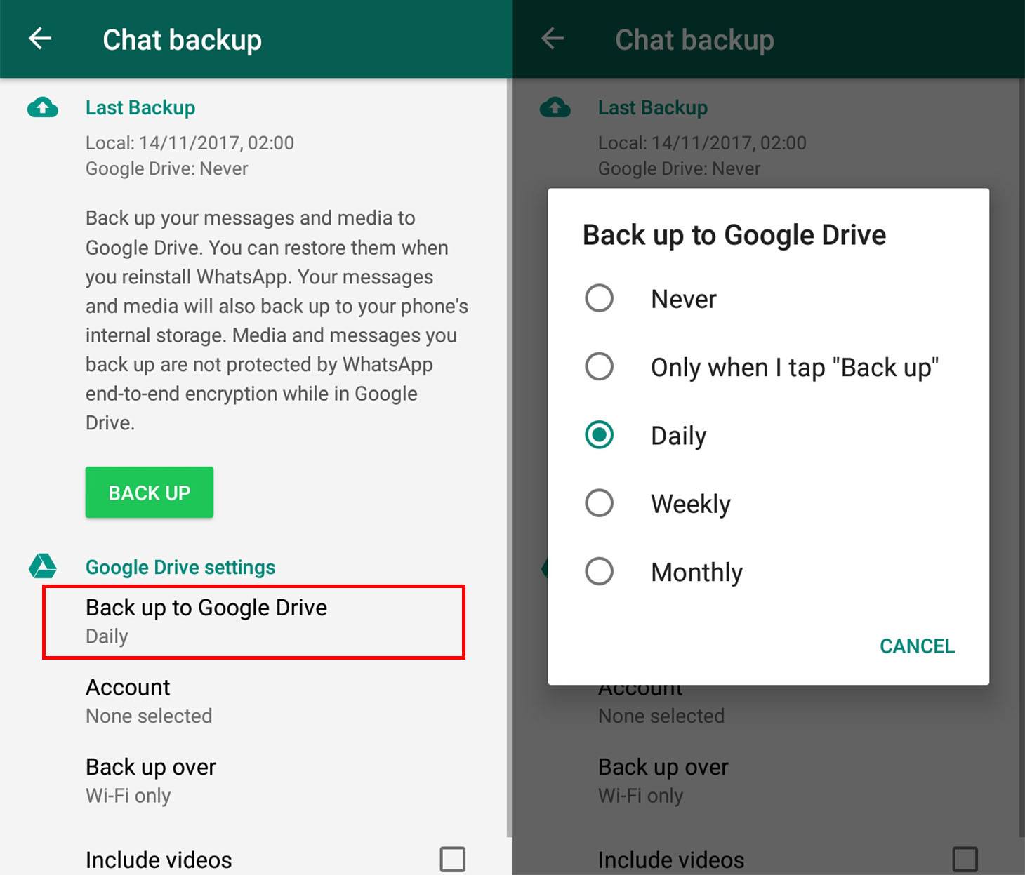 WhatsApp, settings, backup, chat