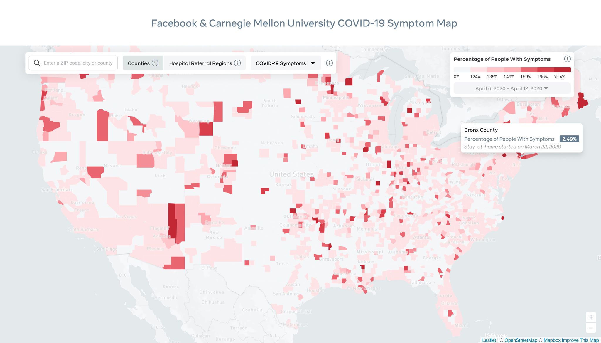 Facebook built a map that tracks COVID-19 symptoms by county