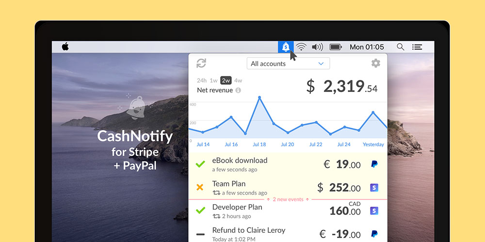 Entrepreneurs get immediate PayPal and Stripe payment notifications with CashNotify