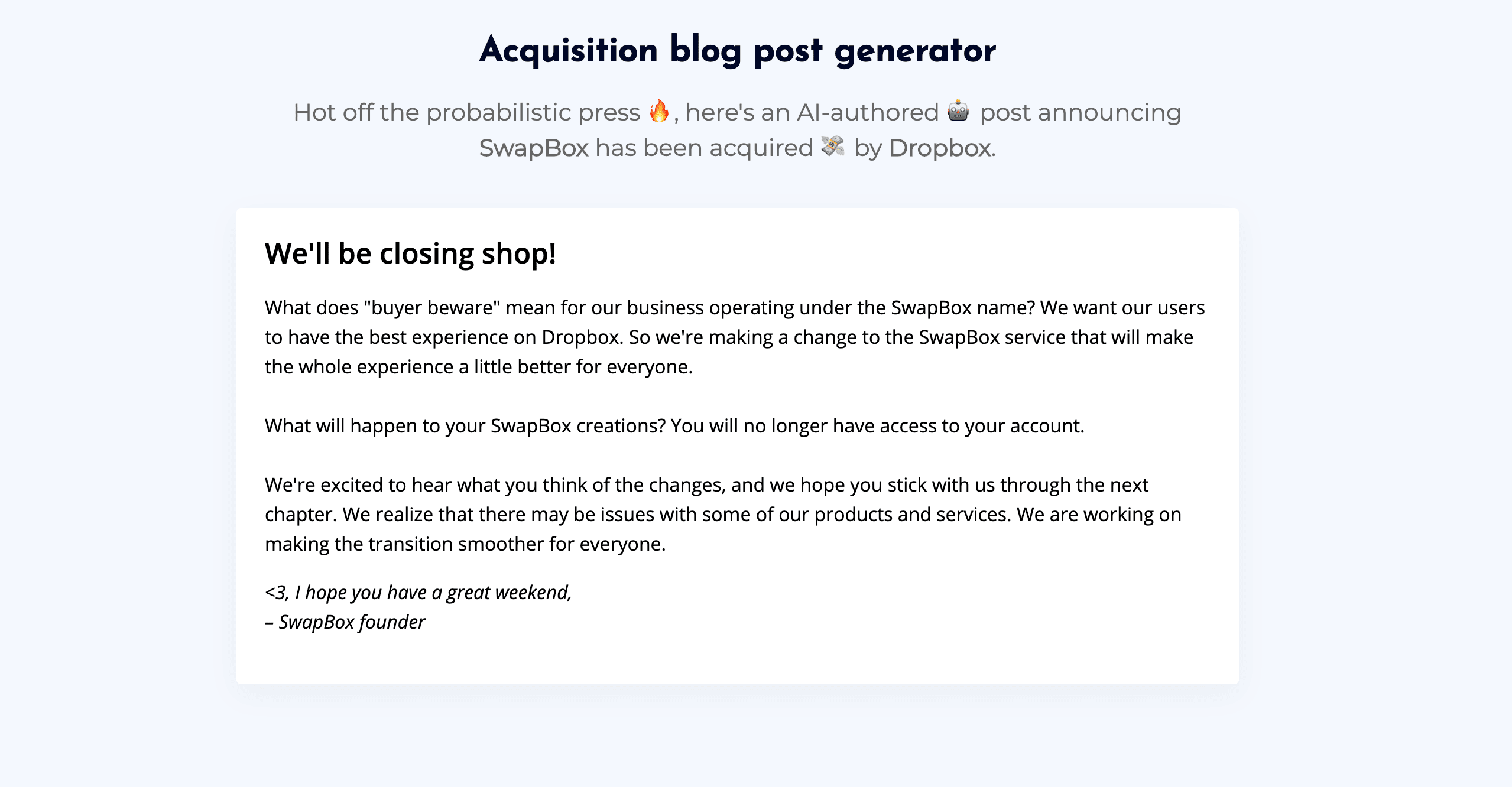 This AI generates hilariously realistic startup acquisition announcements