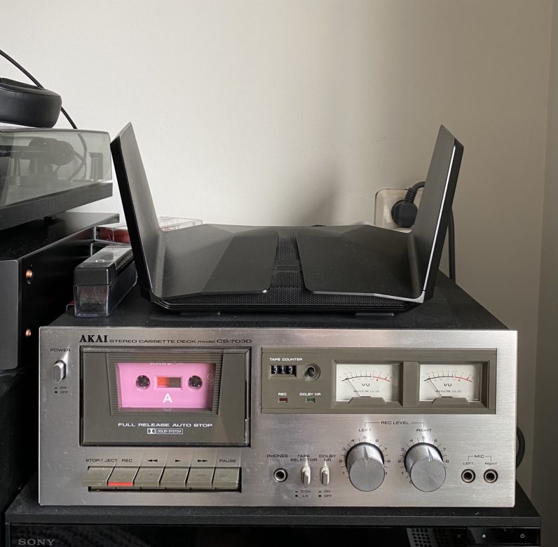 nighthawk router on top of tape deck