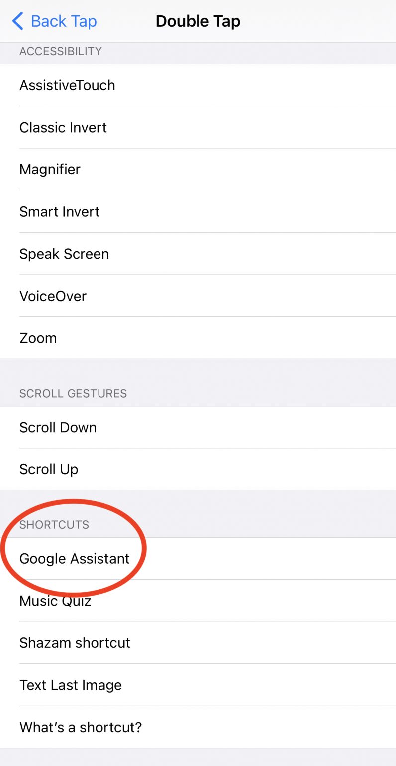 shortcuts back tap google assistant on iOS