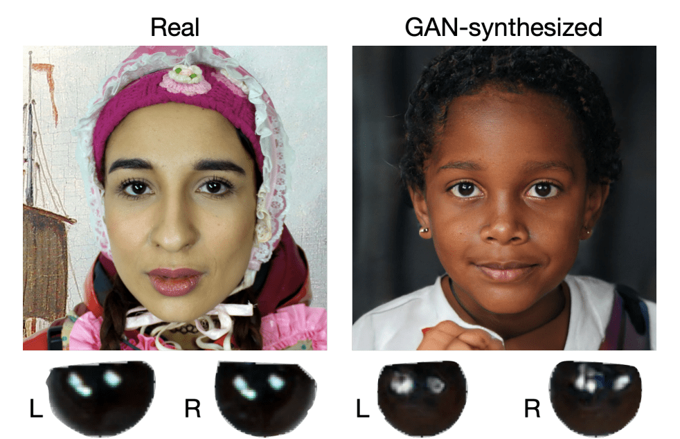 The corneal regions have much clearer differences in the deepfake image (right), likely because they're generated by combining many photos. 