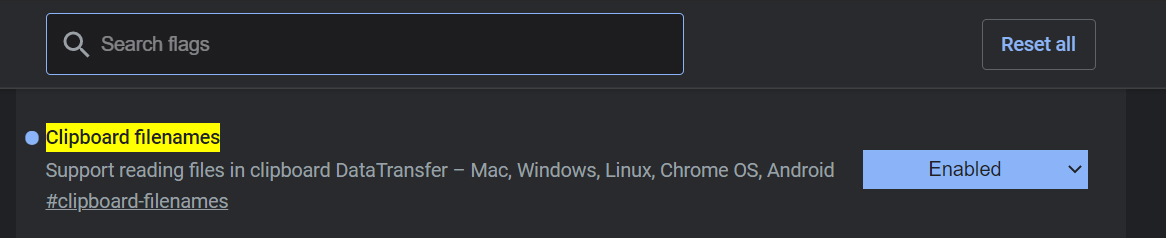 Enable the 'Clipboard filenames' flag to allow copy-pasting of files into web pages