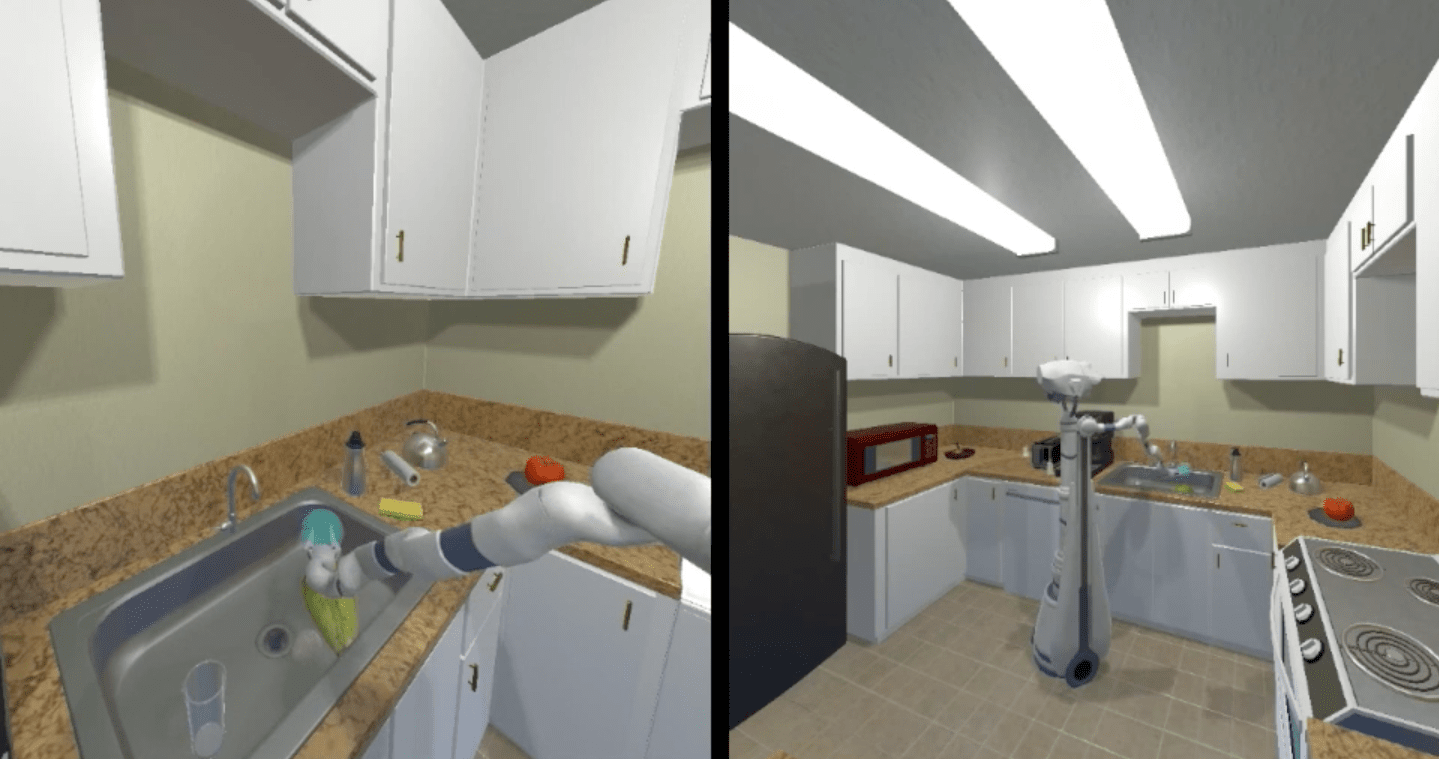 This virtual training suite trains a robotic arm to move objects in complex scenarios