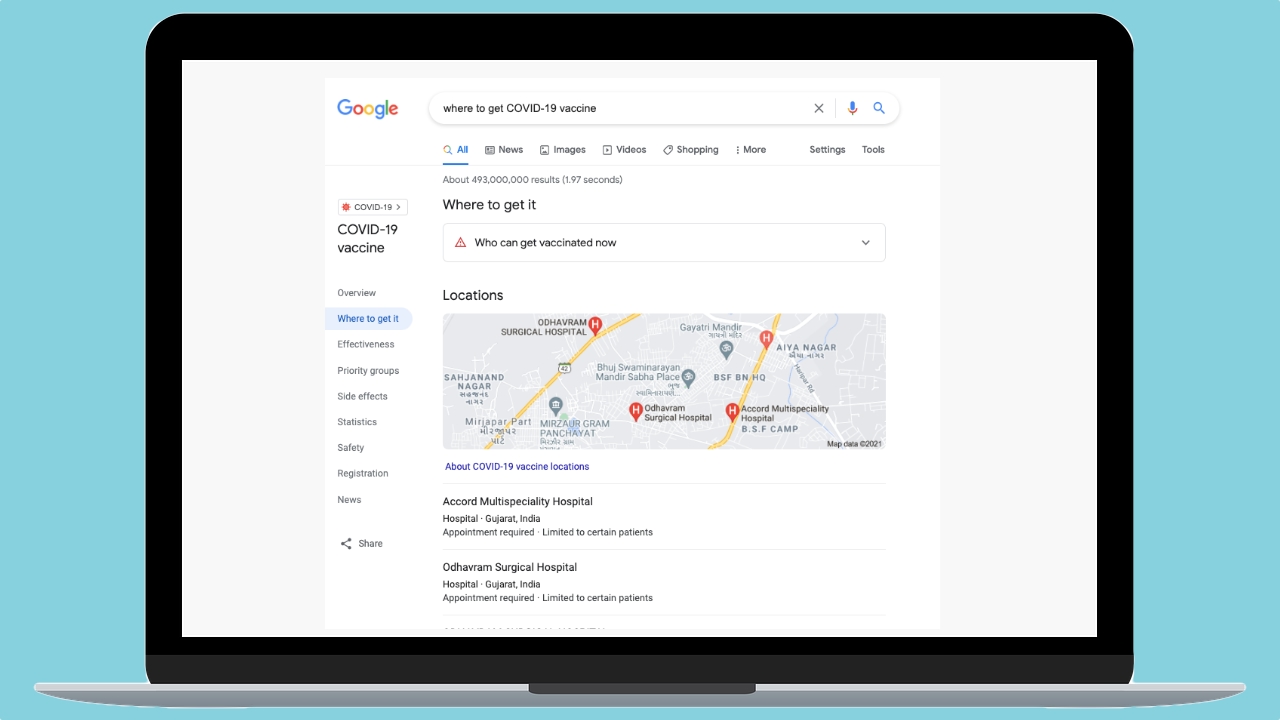 How to use Google search to find the nearest vaccination center in India