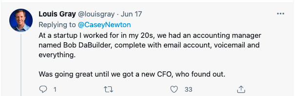 Twitter post from someone who worked with a fake startup employee