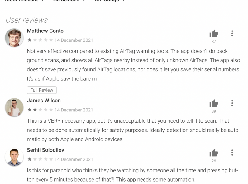 Early user reviews of Apple's AirTags tracking app for Android
