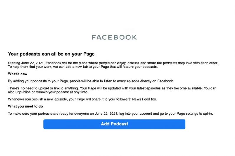 Facebook sent an email to page owners notifying them of its upcoming podcasts feature