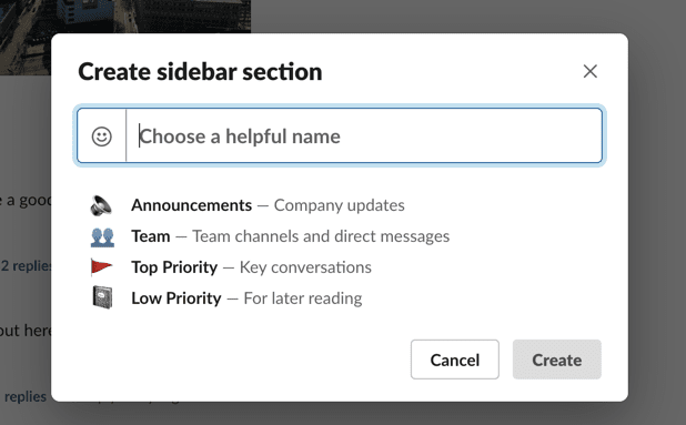 slack choose sidebar section name