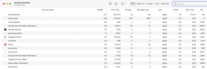 Snapshot of the Activity Monitor on M1 Mac