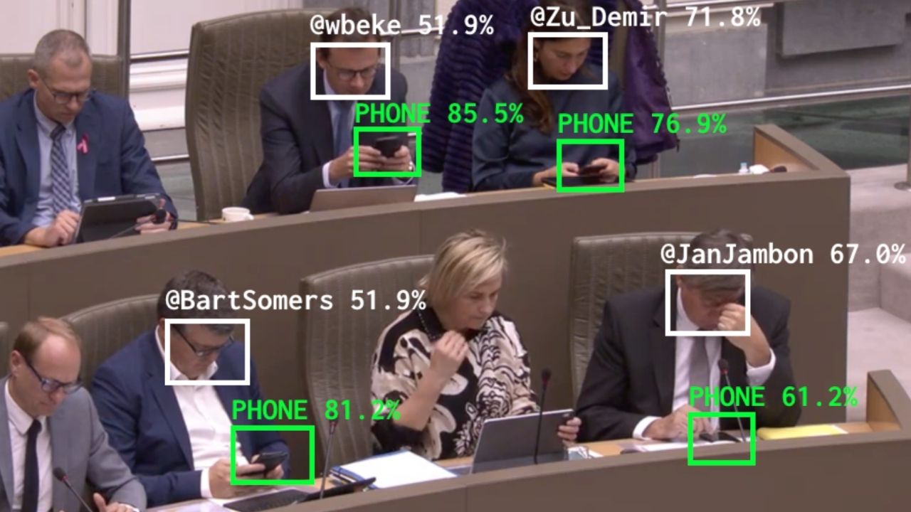 Dries Depoorter's project automatically tags Belgian politician when they use their phone on the daily livestreams.