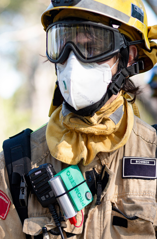 A firefighter wearing a Prometeo device