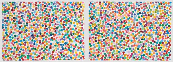 These two Damien Hirst ‘Currency’ works sold within a hour of each other. ‘5083. Yeah, come on for a ride’, left, sold for US$45,966. ‘6307. We shall bring our own children’, right, sold for US$26,285