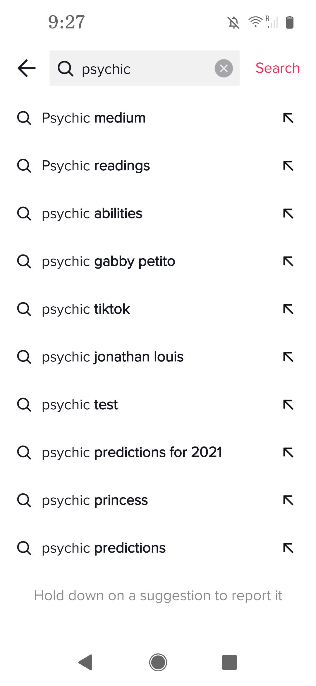 a screenshot demonstrating the Tik Tok algorithm auto-completing "Gabby Petito" in searches for psychics