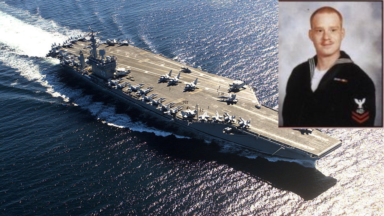 an image of the USS Nimitz and a sailor from 2003