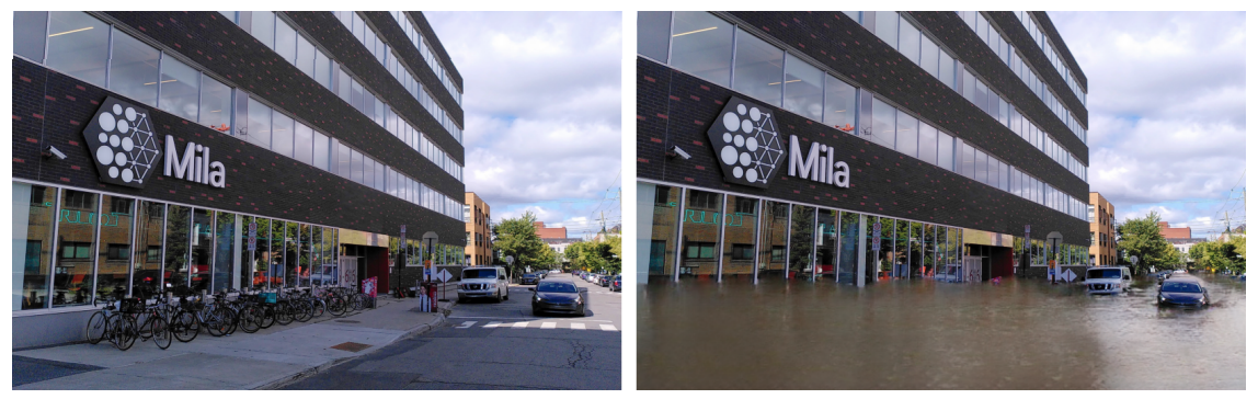ClimateGAN simulates extreme floods (right) on real scene images (left). 