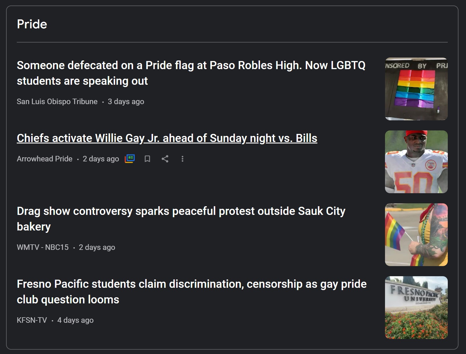 A screenshot of the Google News feed for LGBTQ+ Pride