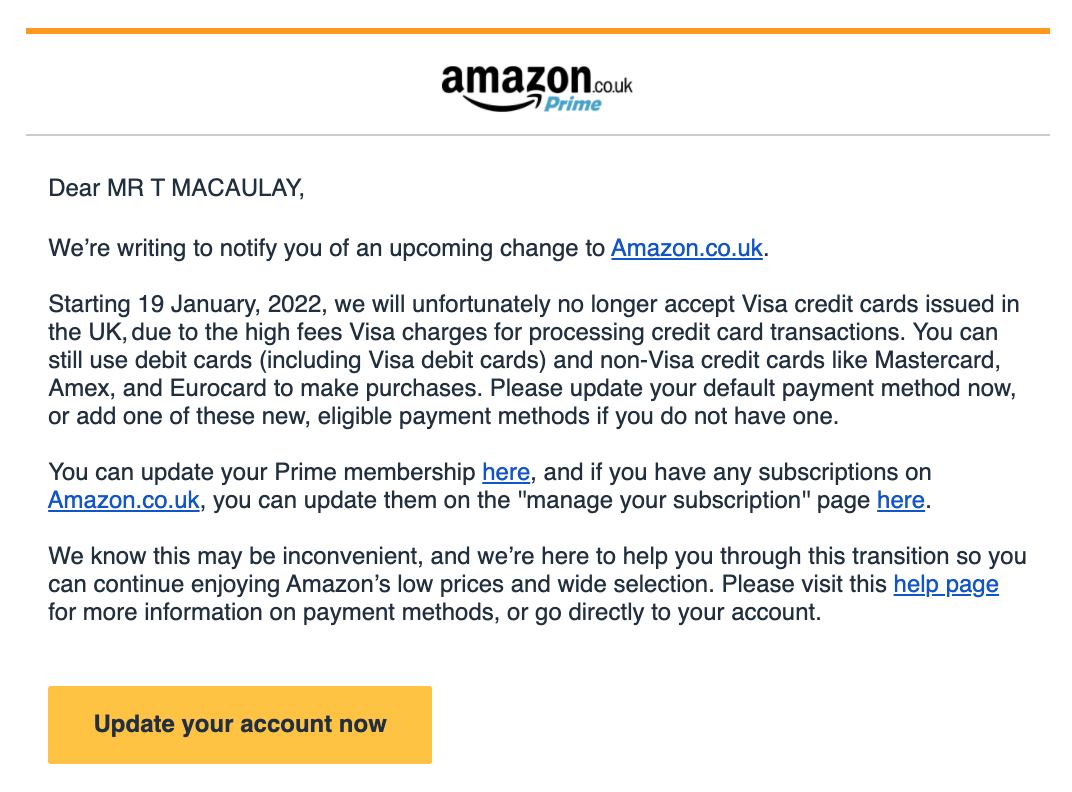 Here's why Amazon's banning UK-issued Visa credit cards
