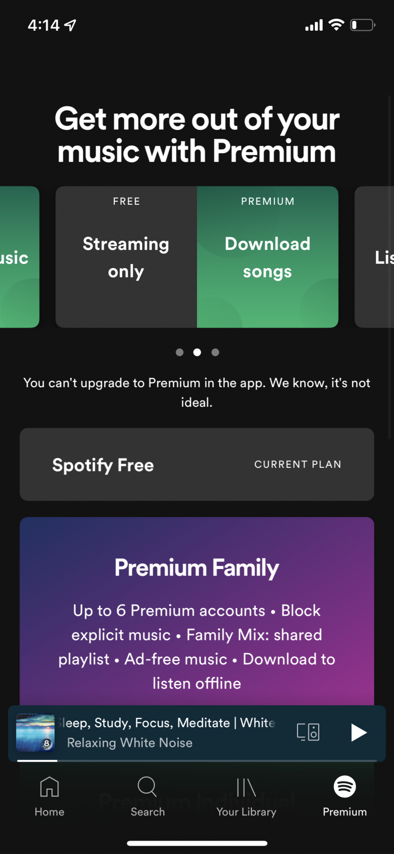 Spotify doesn't have an option to upgrade to the premium plan inside the iPhone app to avoid App Store fees
