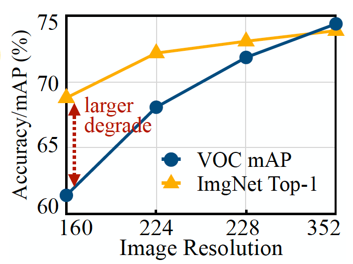 Image classification ML models (orange line) are more resilient to resolution reduction than object detection models (blue line)