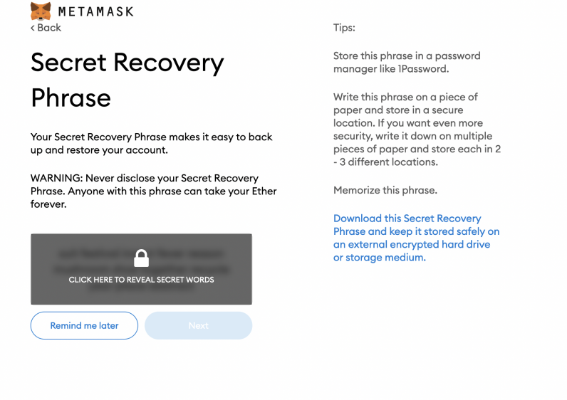The secret phrase reveal. This is the most important part of your MetaMask account and you must remember it