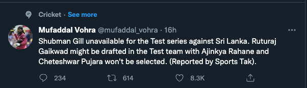 This tweet is listed under Cricket topic