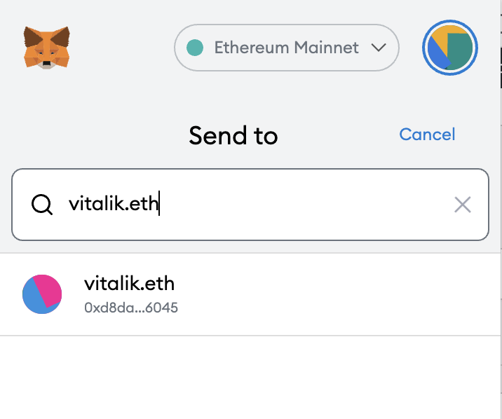 Wallets like Metamask allow you to type .eth domain names to send tokens to a wallet