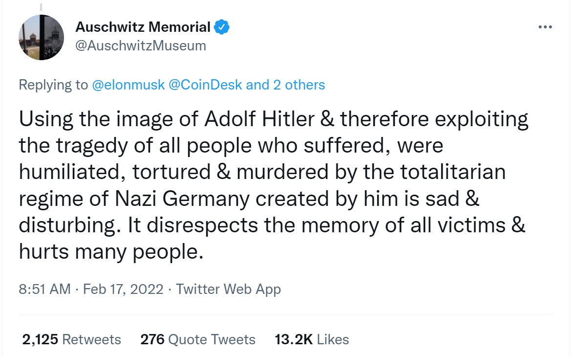 A screenshot of a tweet from the Auschwitz Memorial account