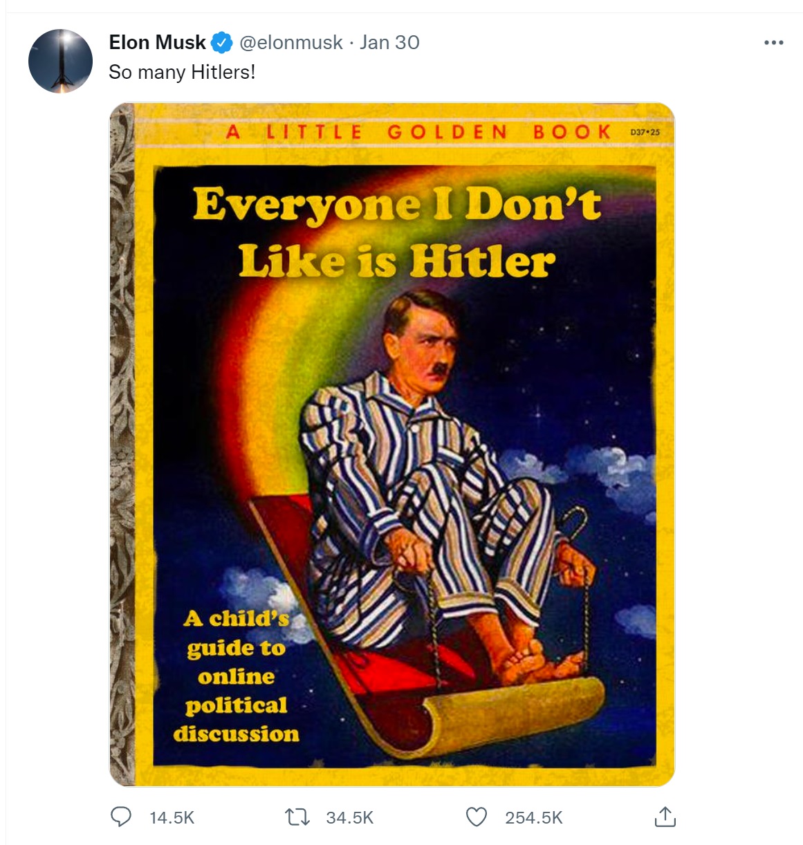 Una captura de pantalla de un tweet de Elon Musk que muestra un meme de Hitler