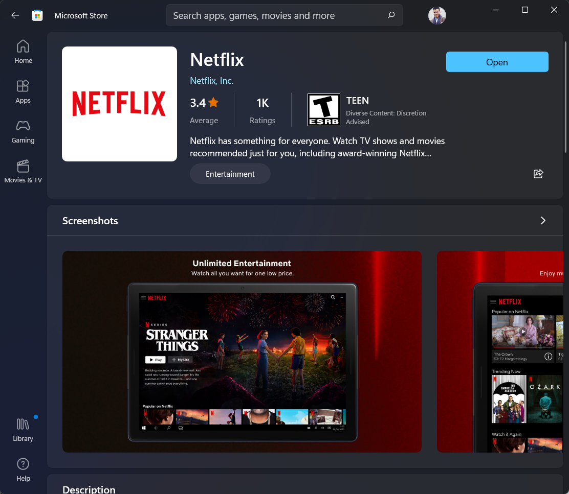 Netflix app in Windows Store