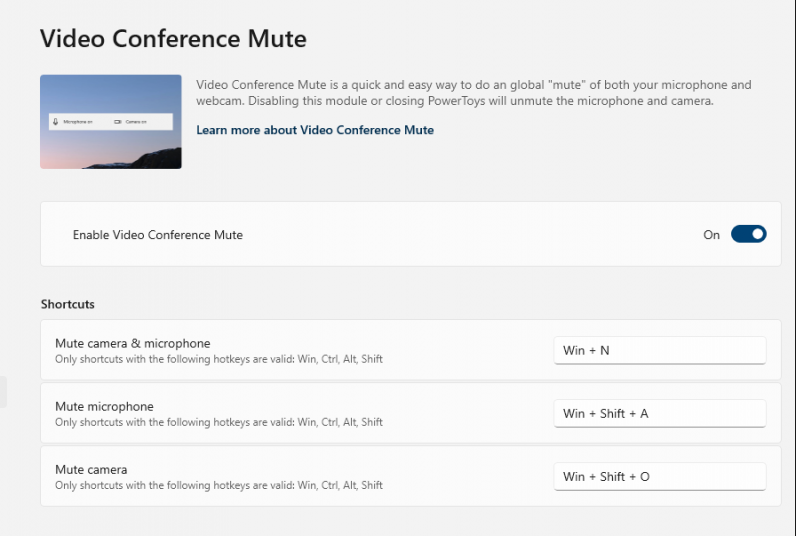 PowerToys lets you easily customize shortcuts for turning your mic and camera on/off.