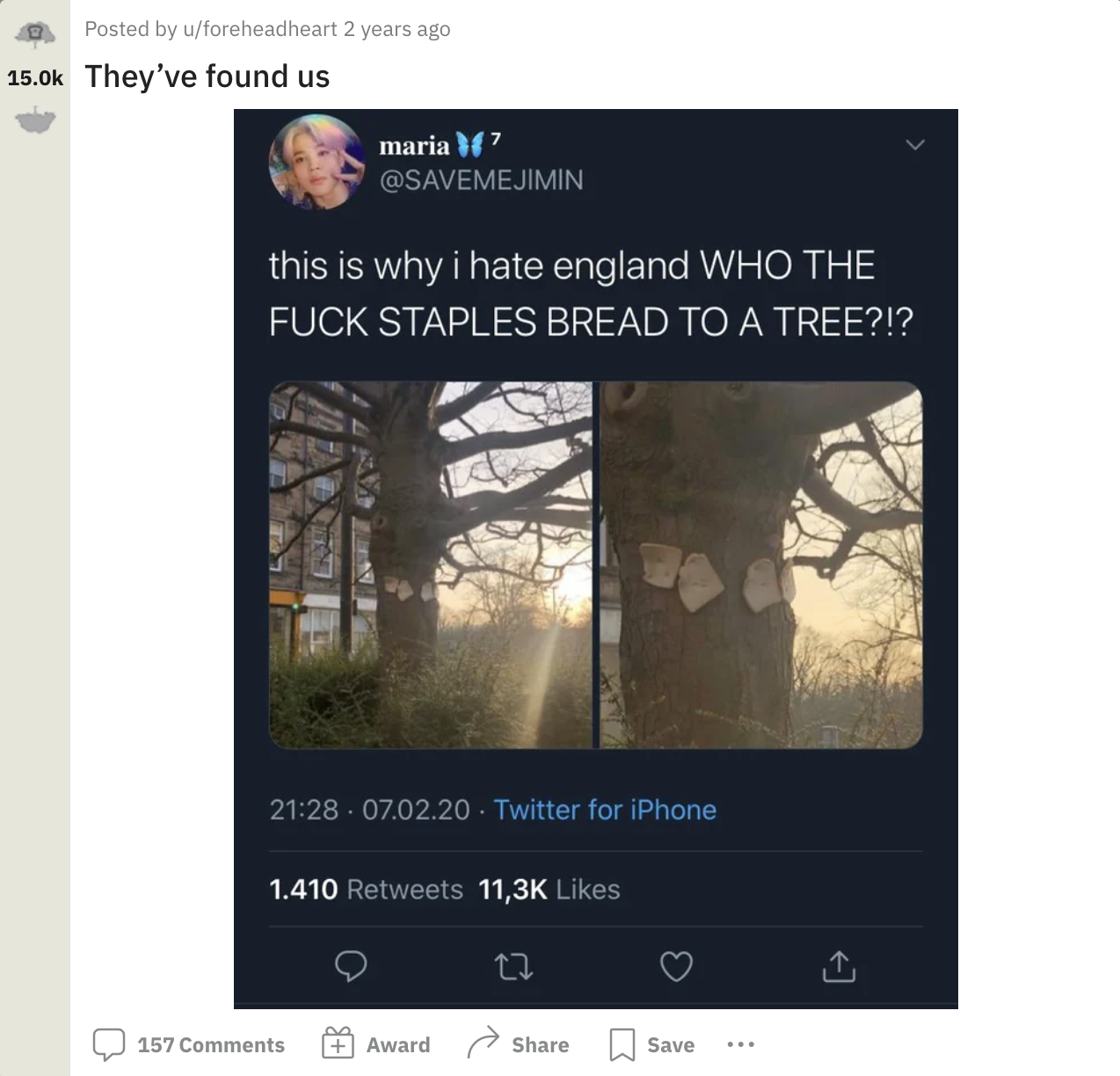 Screenshot of r/breadstapledtotrees